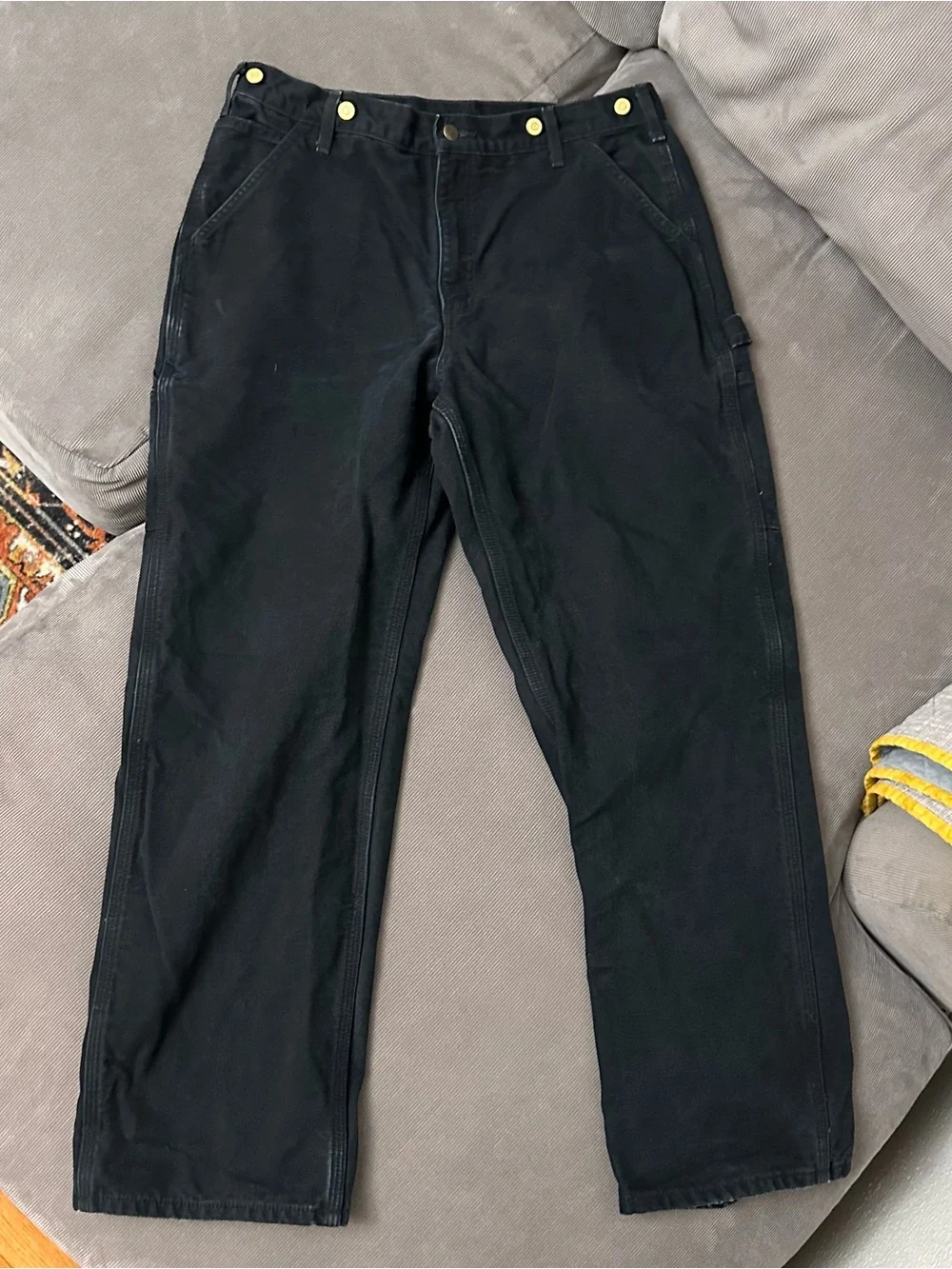 Carhartt B111 BLK Flannel Lined Losse Fit Carpenter Pants Men's 35x32 Distressed